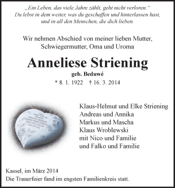 Traueranzeige von Anneliese Striening von HNA