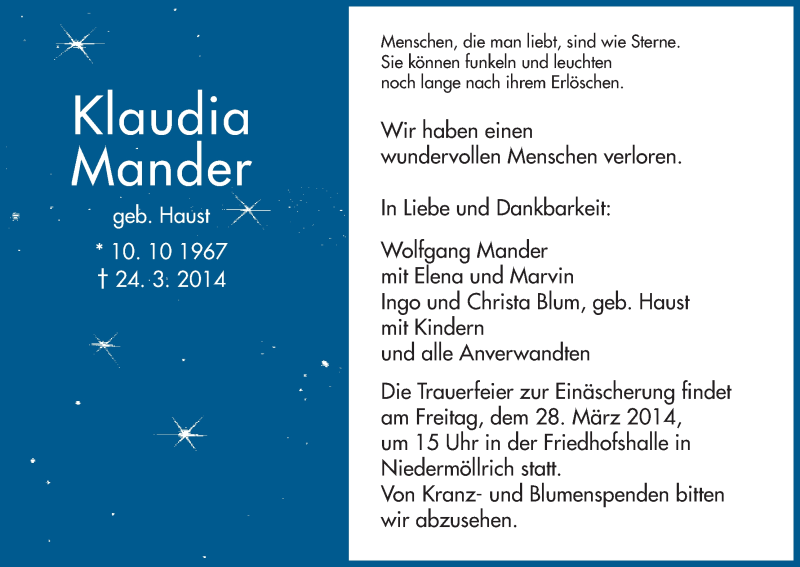 Traueranzeige für Klaudia Mander vom 26.03.2014 aus HNA