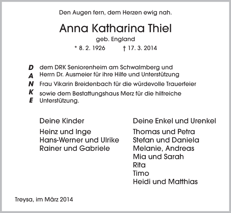  Traueranzeige für Anna Katharina Thiel vom 27.03.2014 aus HNA
