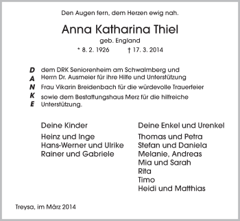 Traueranzeige von Anna Katharina Thiel von HNA
