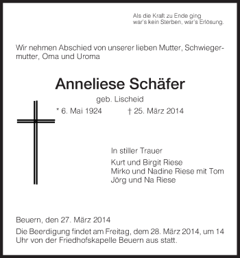 Traueranzeige von Anneliese Schäfer von HNA