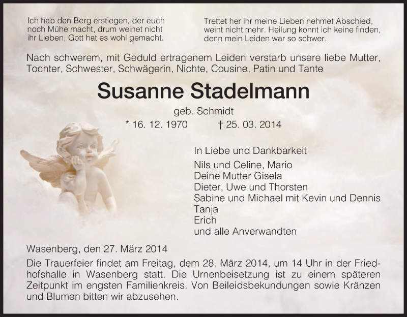  Traueranzeige für Susanne Stadelmann vom 27.03.2014 aus HNA
