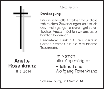 Traueranzeige von Anette Rosenkranz von HNA
