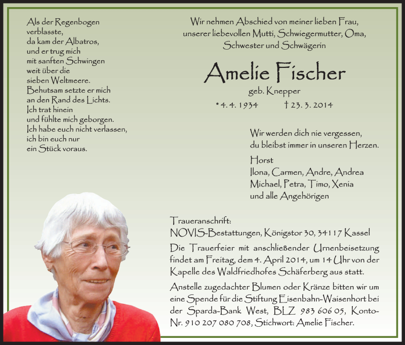  Traueranzeige für Amelie Fischer vom 29.03.2014 aus HNA