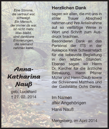 Traueranzeige von Anna-Katharina Nauß von HNA