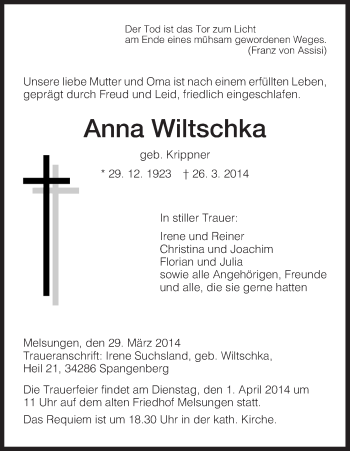 Traueranzeige von Anna Wiltschka von HNA