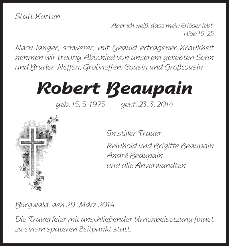  Traueranzeige für Robert Beaupain vom 29.03.2014 aus HNA