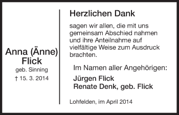 Traueranzeige von Anna  Flick von HNA
