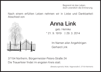 Traueranzeige von Anna Link von HNA