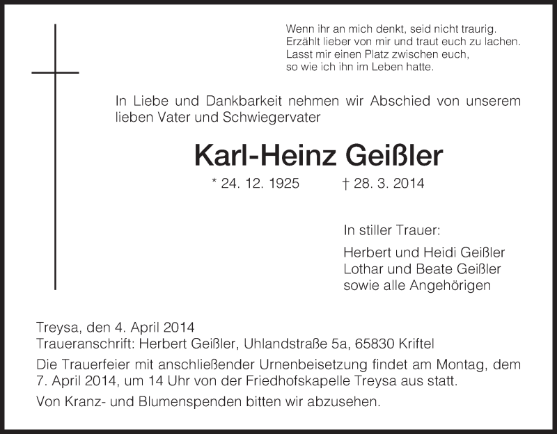 Traueranzeigen von Karl-Heinz Geißler | Trauer.HNA.de