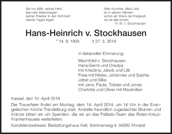 Traueranzeige von Hans-Heinrich v. Stockhausen von HNA