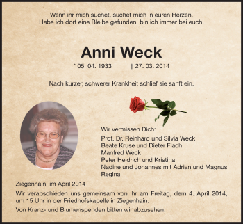 Traueranzeige von Anni Weck von HNA