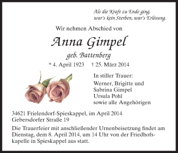 Traueranzeige von Anna Gimpel von HNA