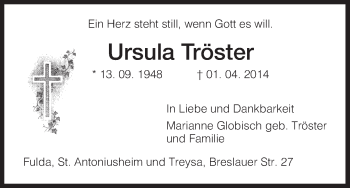 Traueranzeige von Ursula Tröster von HNA