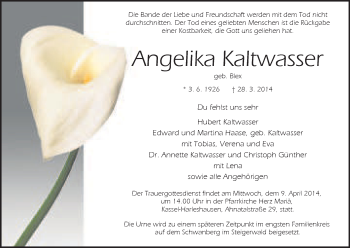 Traueranzeige von Angelika Kaltwasser von HNA