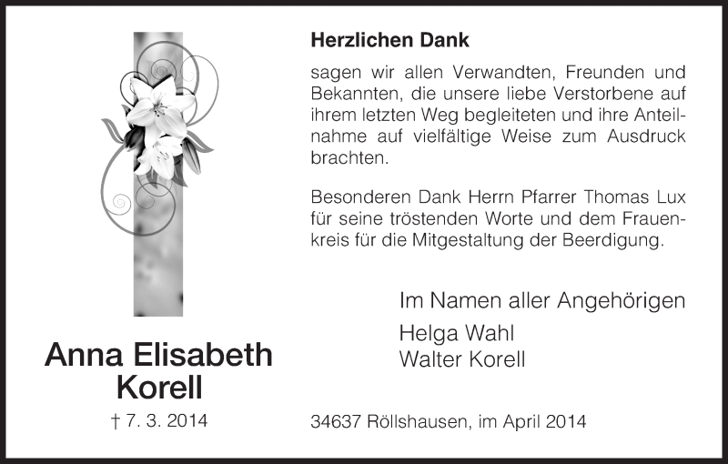  Traueranzeige für Anna Elisabeth Korell vom 05.04.2014 aus HNA