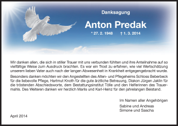 Traueranzeige von Anton Predak von HNA