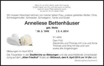 Traueranzeige von Anneliese Bettenhäuser von HNA