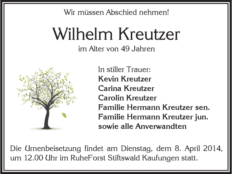  Traueranzeige für Wilhelm Kreutzer vom 05.04.2014 aus HNA