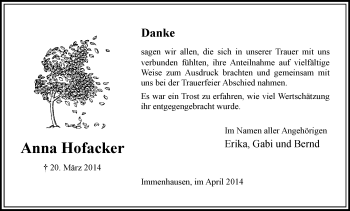 Traueranzeige von Anna Hofacker von HNA