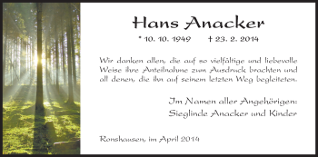 Traueranzeige von Hans Anacker von HNA