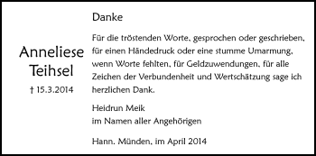 Traueranzeige von Anneliese Teihsel von HNA