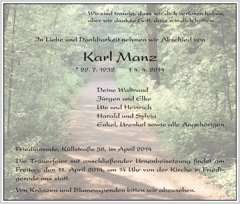  Traueranzeige für Karl Manz vom 08.04.2014 aus HNA