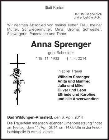 Traueranzeige von Anna Sprenger von HNA