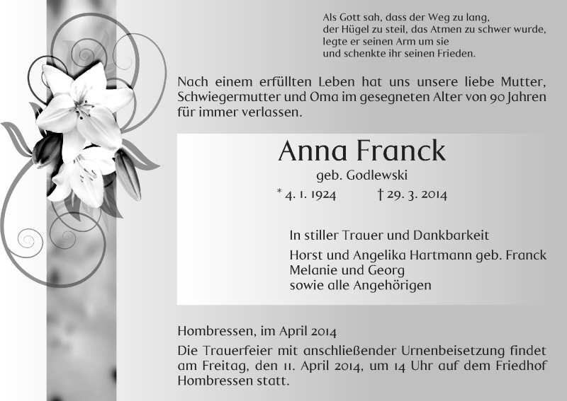  Traueranzeige für Anna Franck vom 09.04.2014 aus HNA