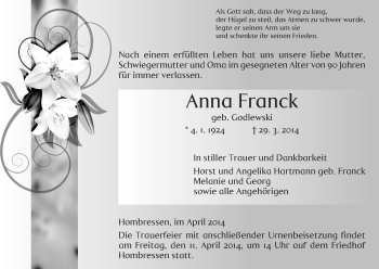 Traueranzeige von Anna Franck von HNA