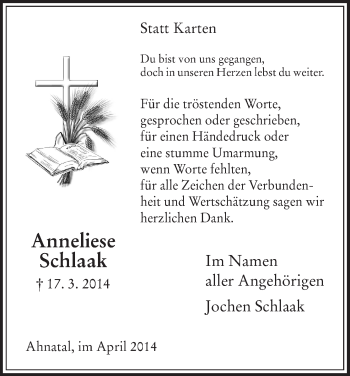 Traueranzeige von Anneliese Schlaak von HNA