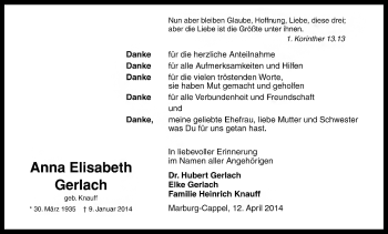 Traueranzeige von Anna Elisabeth Gerlach von HNA