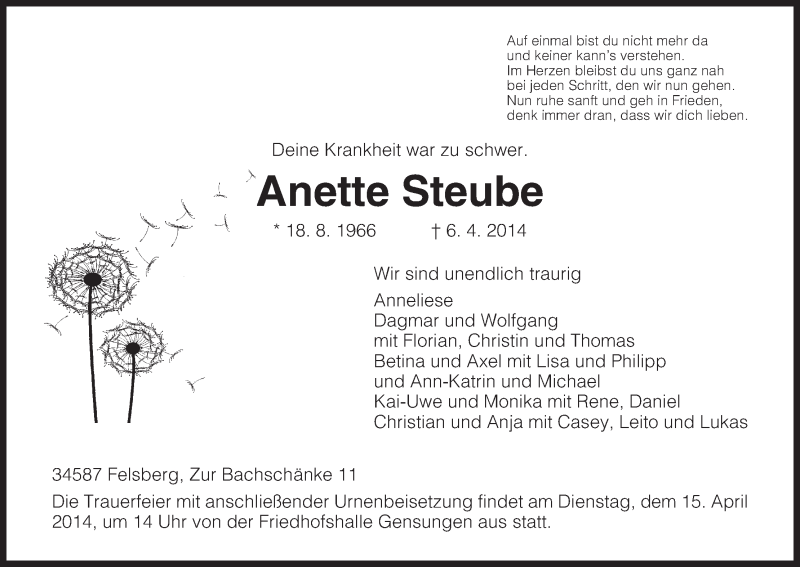  Traueranzeige für Anette Steube vom 12.04.2014 aus HNA
