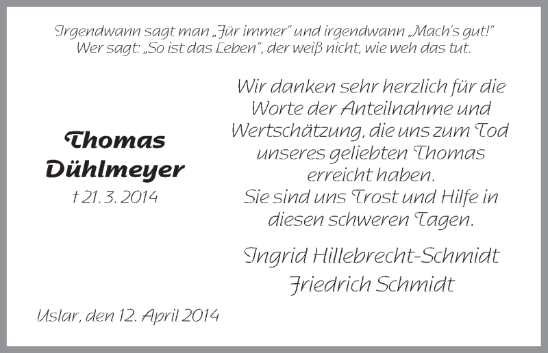  Traueranzeige für Thomas Dühlmeyer vom 12.04.2014 aus HNA