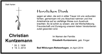 Traueranzeige von Christian Kuntzemann von HNA