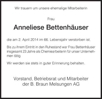 Traueranzeige von Anneliese Bettenhäuser von HNA