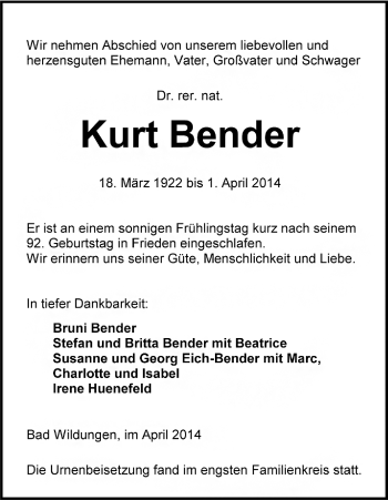 Traueranzeige von Kurt Bender von HNA