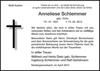 Traueranzeige von Anneliese Schlemmer von HNA