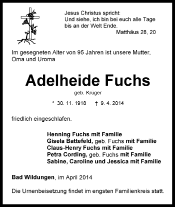 Traueranzeige von Adelheide Fuchs von HNA