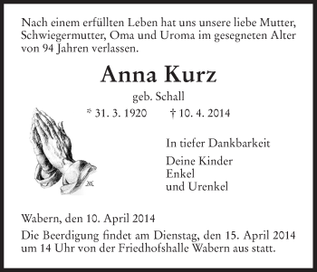 Traueranzeige von Anna Kurz von HNA
