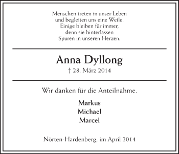 Traueranzeige von Anna Dyllong von HNA