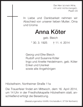 Traueranzeige von Anna Köter von HNA