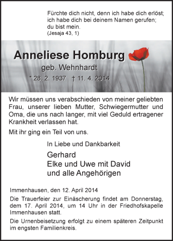 Traueranzeige von Anneliese Homburg von HNA