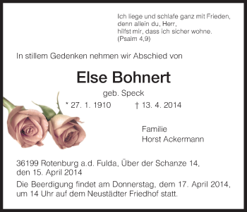 Traueranzeige von Else Bohnert von HNA