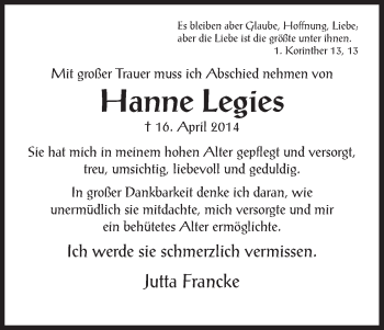 Traueranzeige von Hanne Legies von HNA