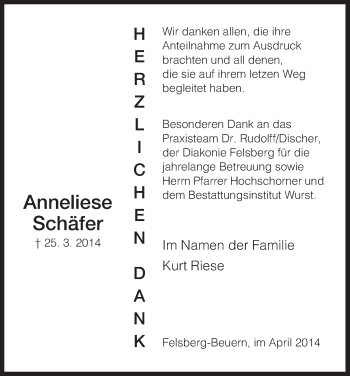 Traueranzeige von Anneliese Schäfer von HNA