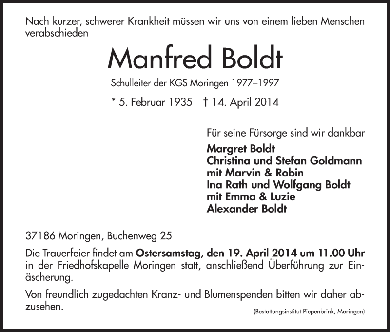  Traueranzeige für Manfred Boldt vom 16.04.2014 aus HNA