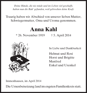 Traueranzeige von Anna Kahl von HNA