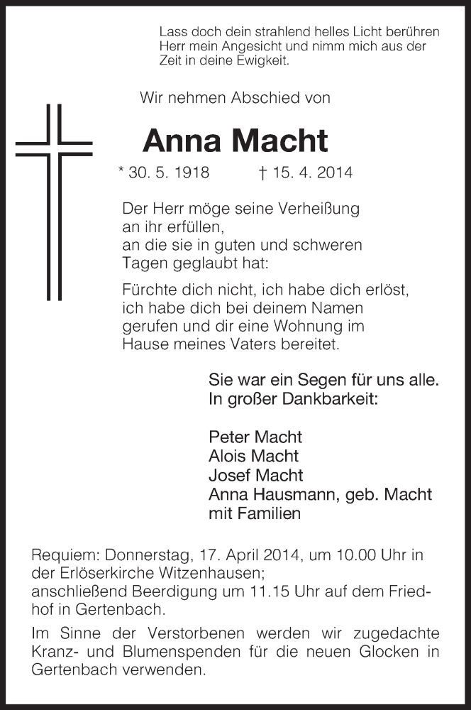  Traueranzeige für Anna Macht vom 16.04.2014 aus HNA