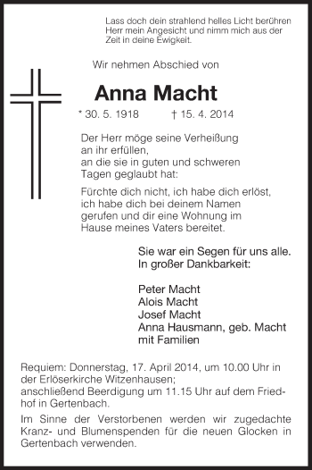 Traueranzeige von Anna Macht von HNA